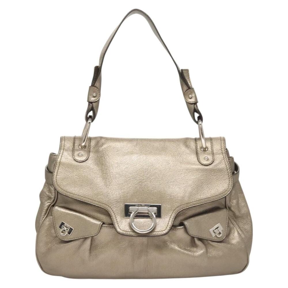 Salvatore Ferragamo Leather Gancini Shoulder Bag Champagne Gold